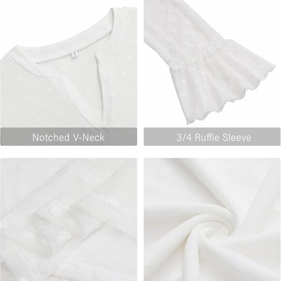 Womens Tops Dressy Casual 3/4 Ruffle Sleeve Blouse Chiffon V Neck Evening Party - Picture 7 of 7